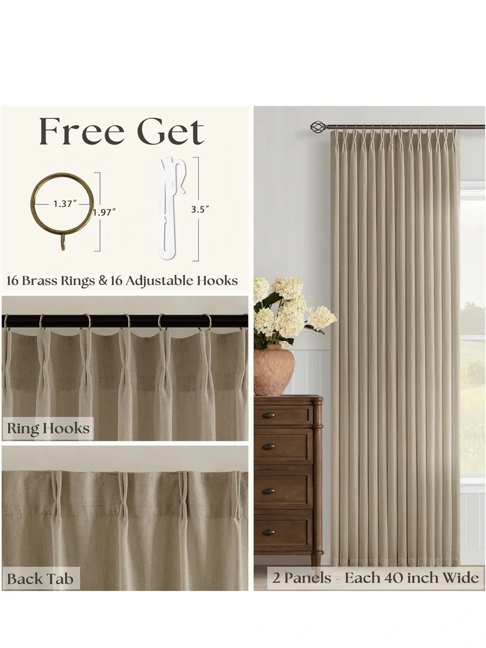 New Open Bag Light Brown Pinch Pleat Semi Sheer Linen Curtains 80 Inch Long
